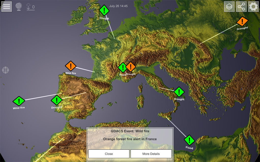 GlobeViewer - Global View: overlays of GDACS events GlobeViewer - Global View: overlays of GDACS events